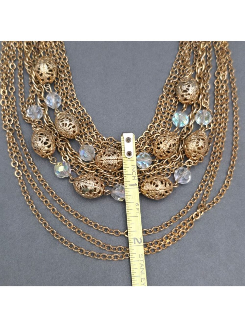 Vintage Gold Tone AB Crystal Multichain Necklace Bracelet Set Demi Parure - Picture 7 of 16